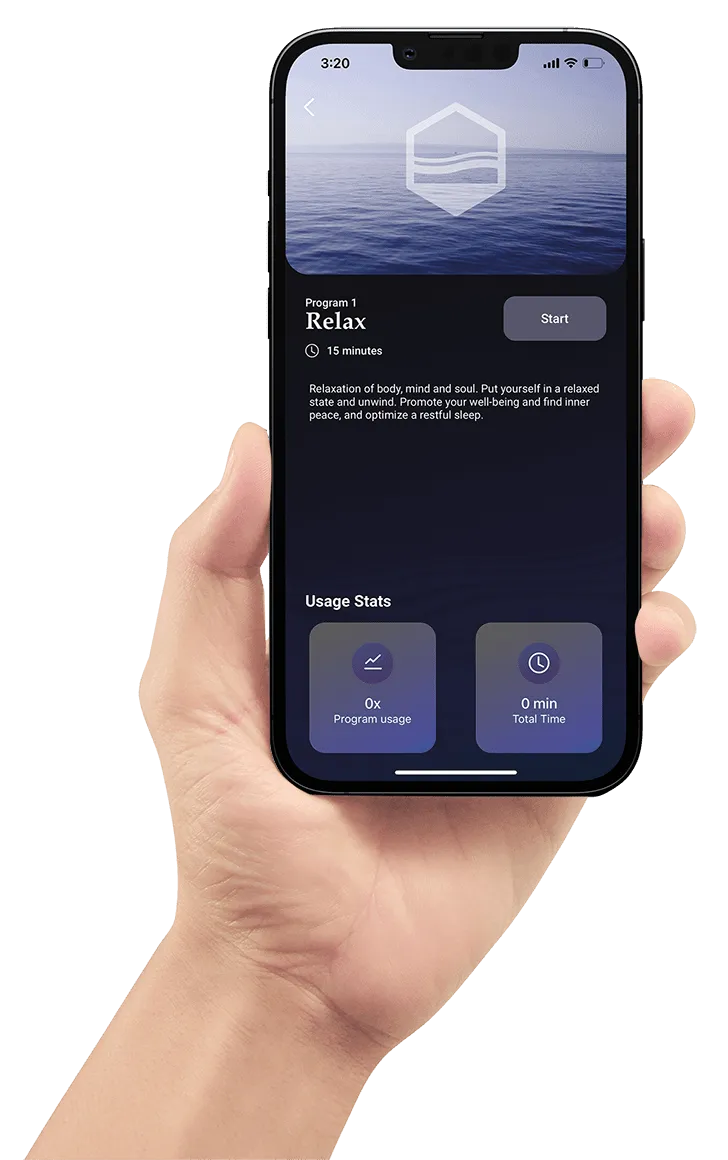 Centropix app held in a hand, showing the Relax program and usage statistics
